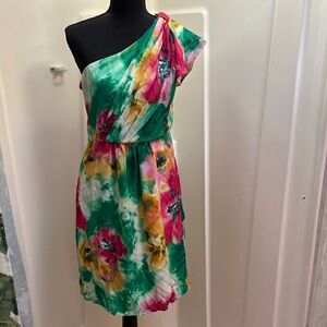 MM Couture One-Shoulder Floral Dress in Green, Pink & Yellow
